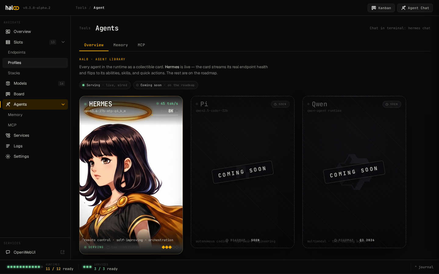 The dashboard Agents view — the agent library as collectible cards