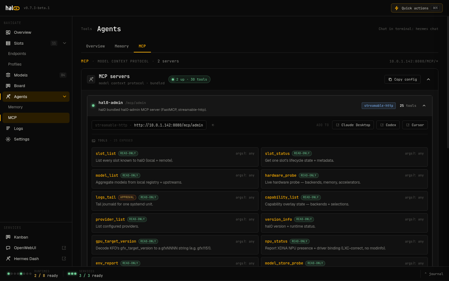 The hal0 dashboard MCP tab showing connected servers and tool tiers