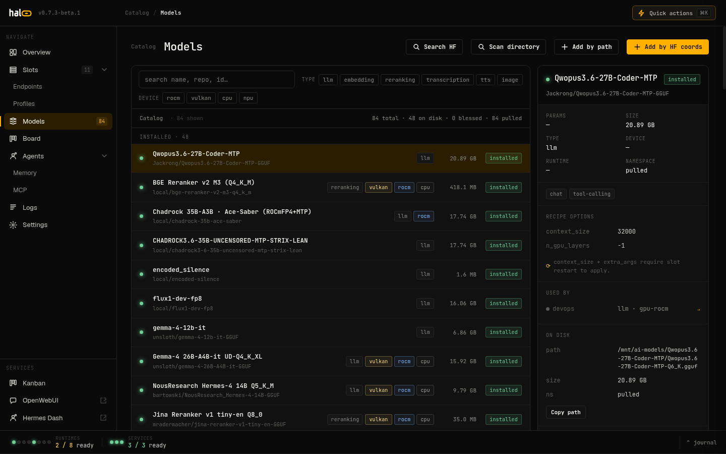 Models registry view showing the curated catalogue cards with size, license, and memory badges
