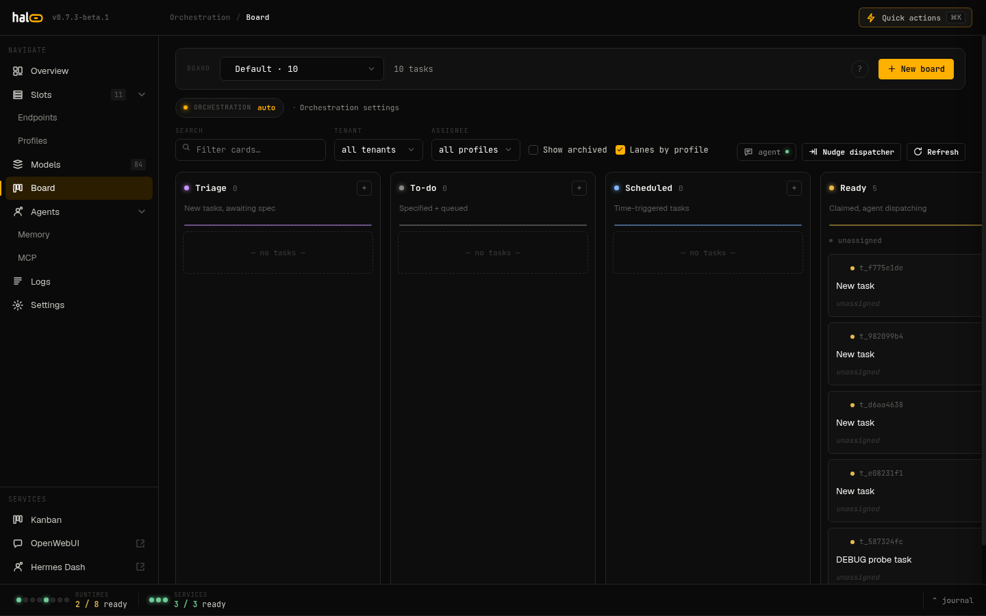 The hal0 Operator Board — a Hermes-backed kanban tracking agent tasks across Triage, To-do, Scheduled, and Ready lanes