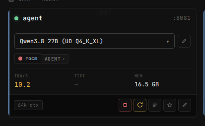 A slot card with a model picker, a profile picker and a context size chip